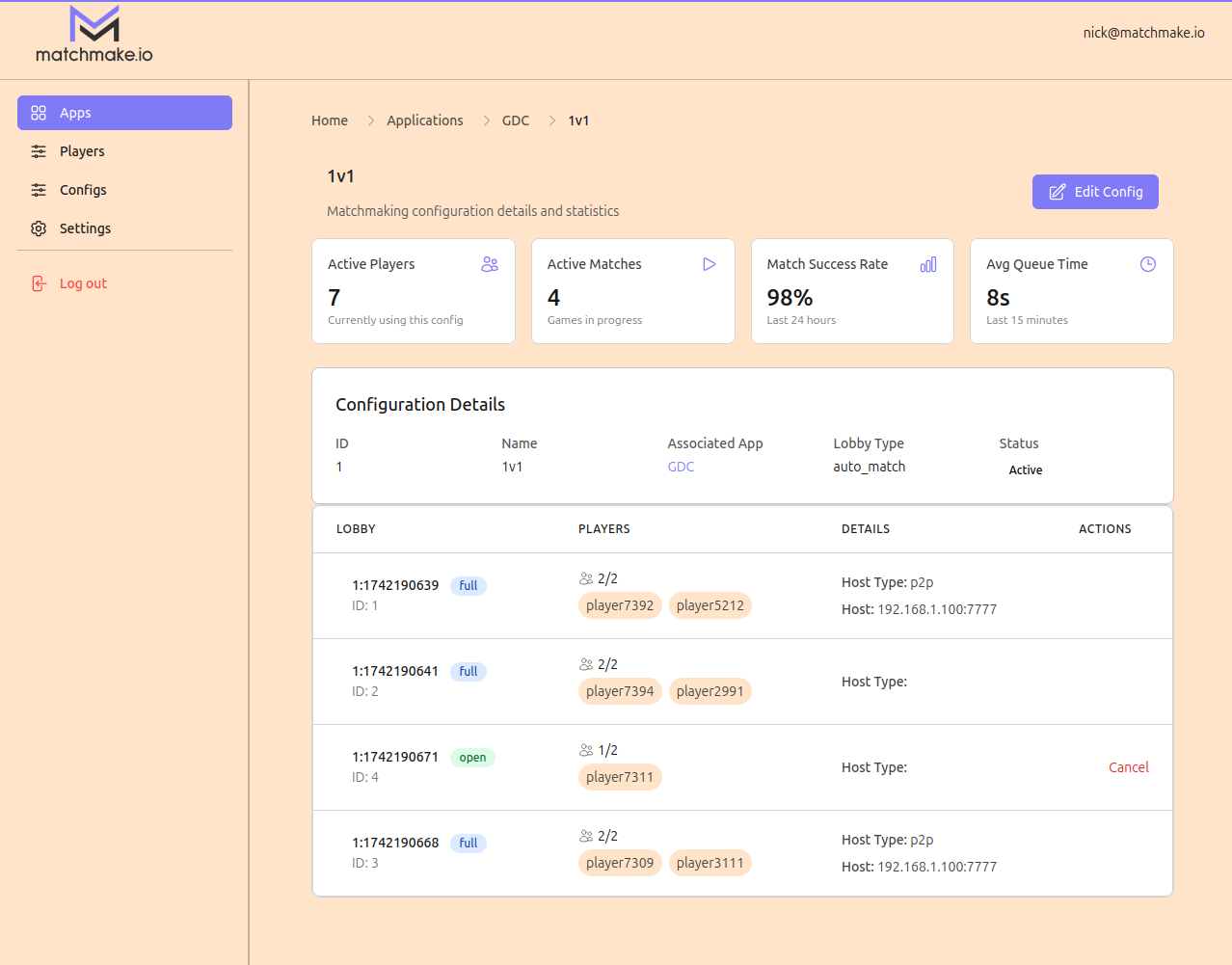 Matchmaking Dashboard